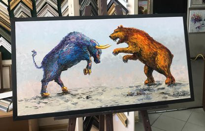 Large Bull Bear Oil Painting Original Abstract Bull and Bear Wall Art Stock Market Wall Art Extra Large Wall Street Bull vs Bear Painting