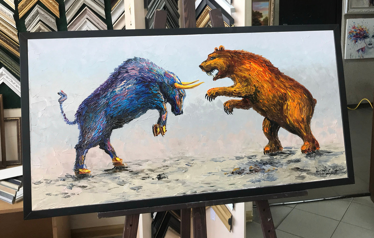 Bull vs Bear Painting on Canvas Wall Street Bull and Bear Stock Market Wall Art Stock Exchange Artwork Bear vs Bull Oil Painting Original