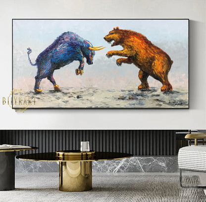 Large Bull Bear Oil Painting Original Abstract Bull and Bear Wall Art Stock Market Wall Art Extra Large Wall Street Bull vs Bear Painting