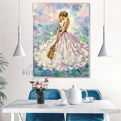 Abstract Woman Oil Painting Original Violin Art Work Girl in White Dress Painting on Canvas Abstract Violin Art Lady with Violin Painting