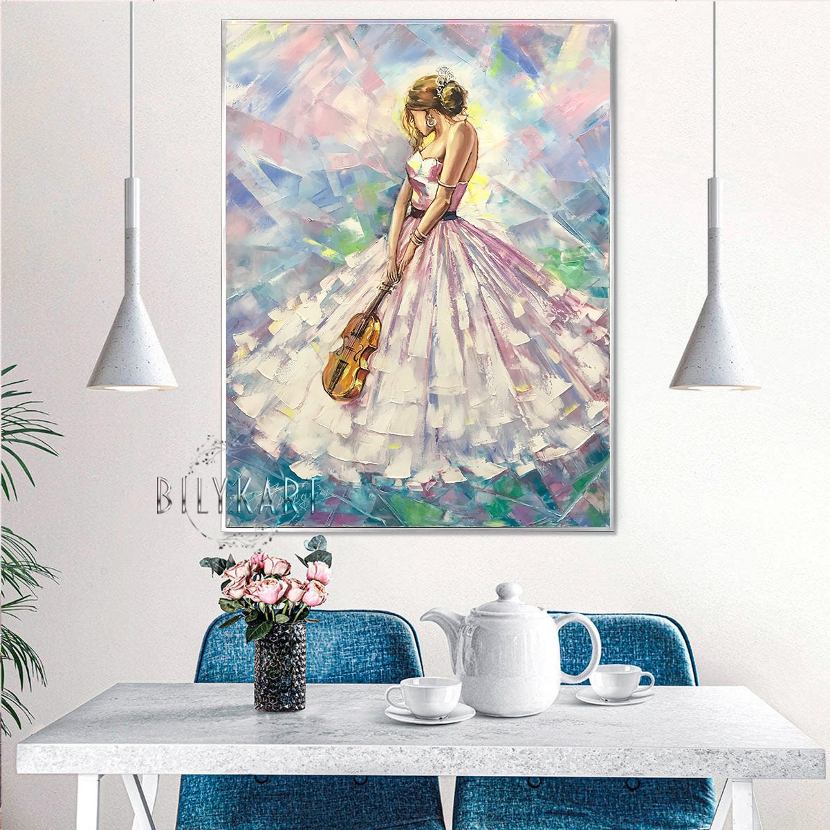 Abstract Girl with Violin Oil Painting Abstract Woman Art Luxury Gift Woman in White Dress Painting Teal Music Wall Art Canvas Violin Art