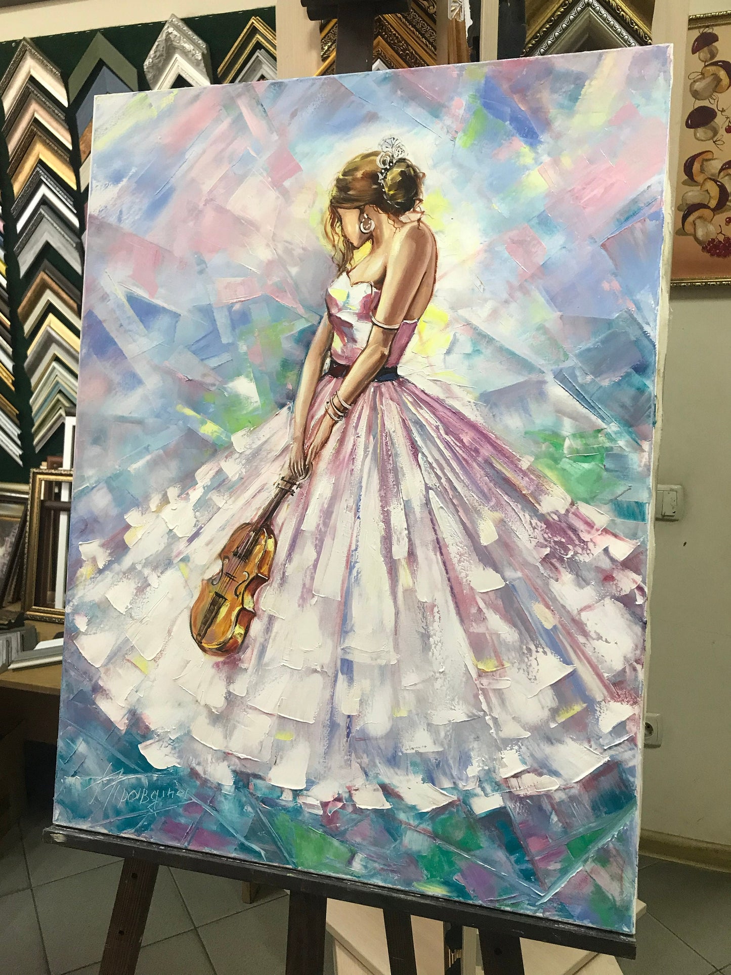 Abstract Woman Oil Painting Original Violin Art Work Girl in White Dress Painting on Canvas Abstract Violin Art Lady with Violin Painting