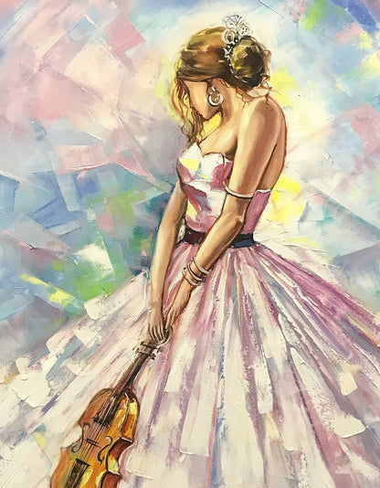 Abstract Woman Oil Painting Original Violin Art Work Girl in White Dress Painting on Canvas Abstract Violin Art Lady with Violin Painting