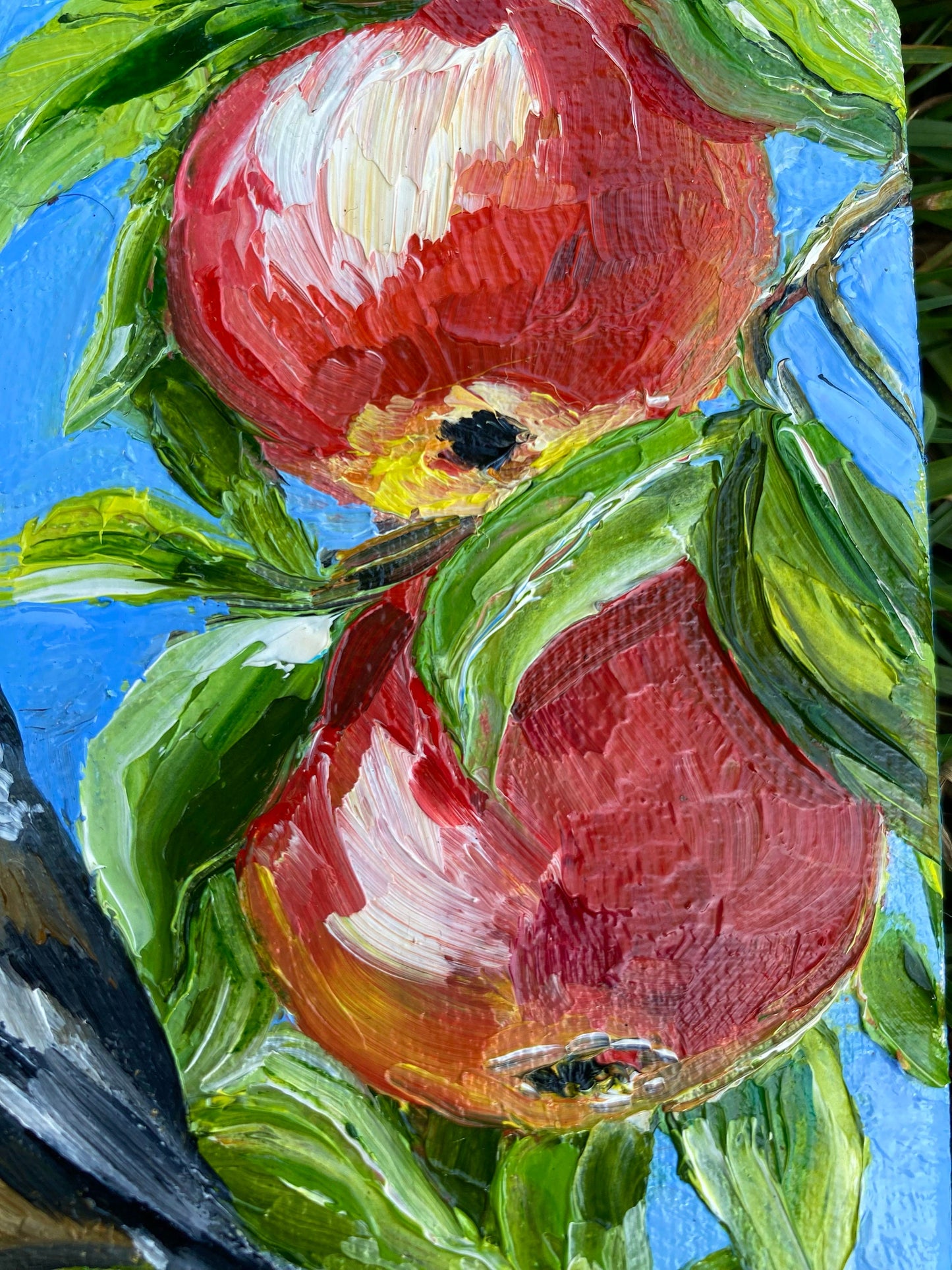 Love Birds Painting on Canvas Pair Bird Wall Art Two Chickadees on Branch Painting Original Birds Sitting on Apple Tree Small Oil Painting