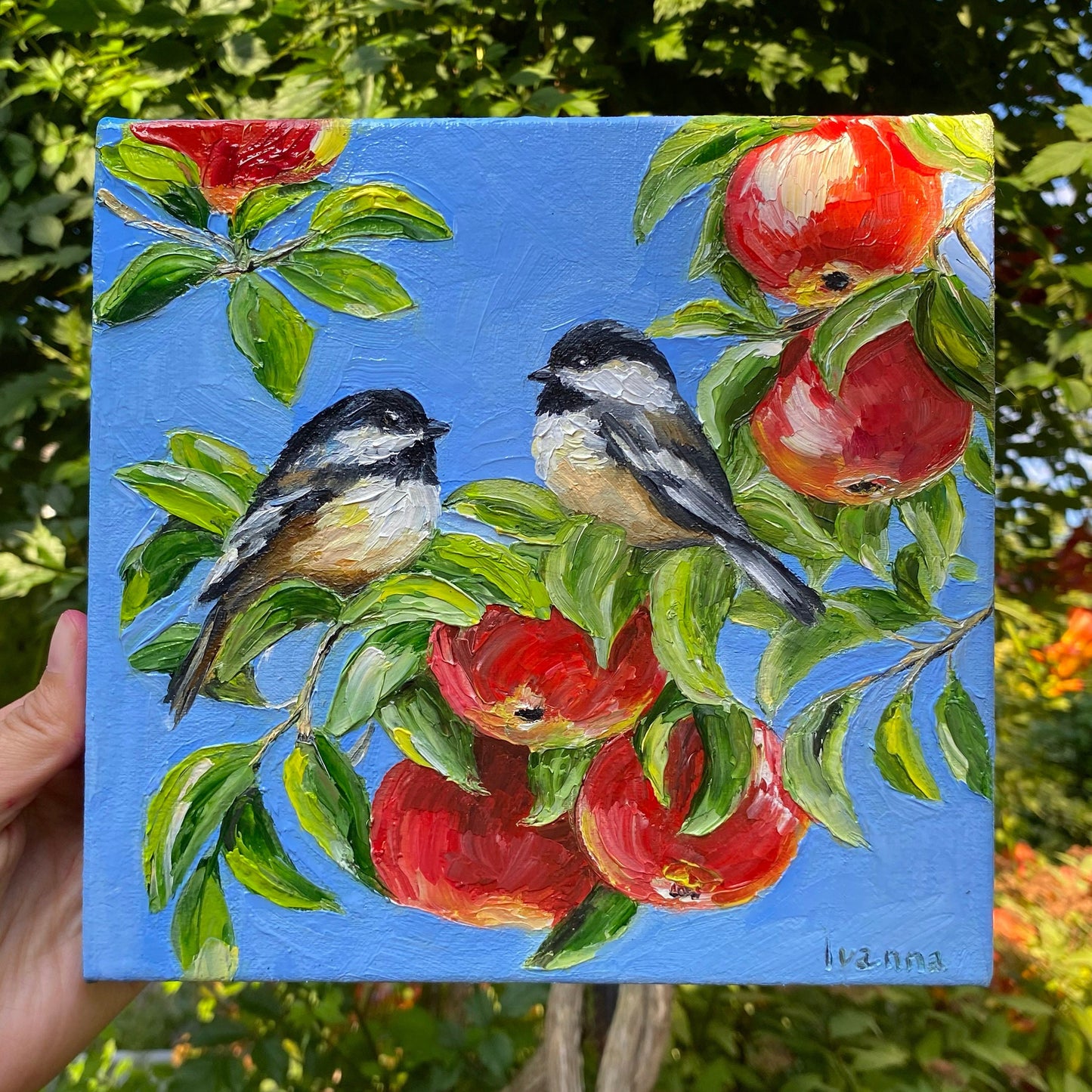 Love Birds Painting on Canvas Pair Bird Wall Art Two Chickadees on Branch Painting Original Birds Sitting on Apple Tree Small Oil Painting