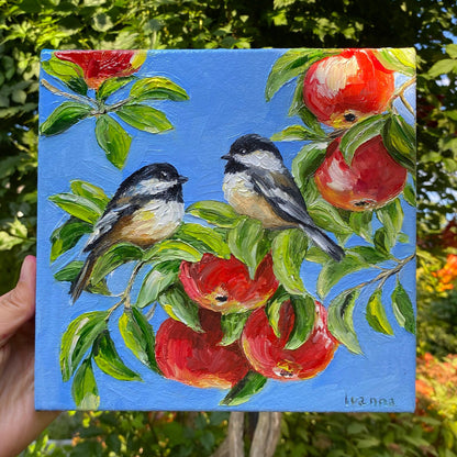 Love Birds Painting on Canvas Pair Bird Wall Art Two Chickadees on Branch Painting Original Birds Sitting on Apple Tree Small Oil Painting