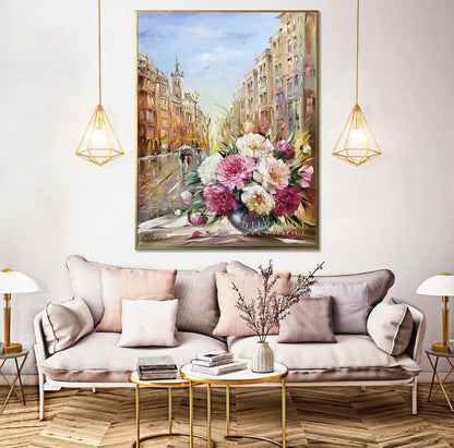 Prague Painting on Canvas Prague Wall Art Peonies Painting Original Art Flowers on Window Painting European Art Peony Painting Peony Artwork