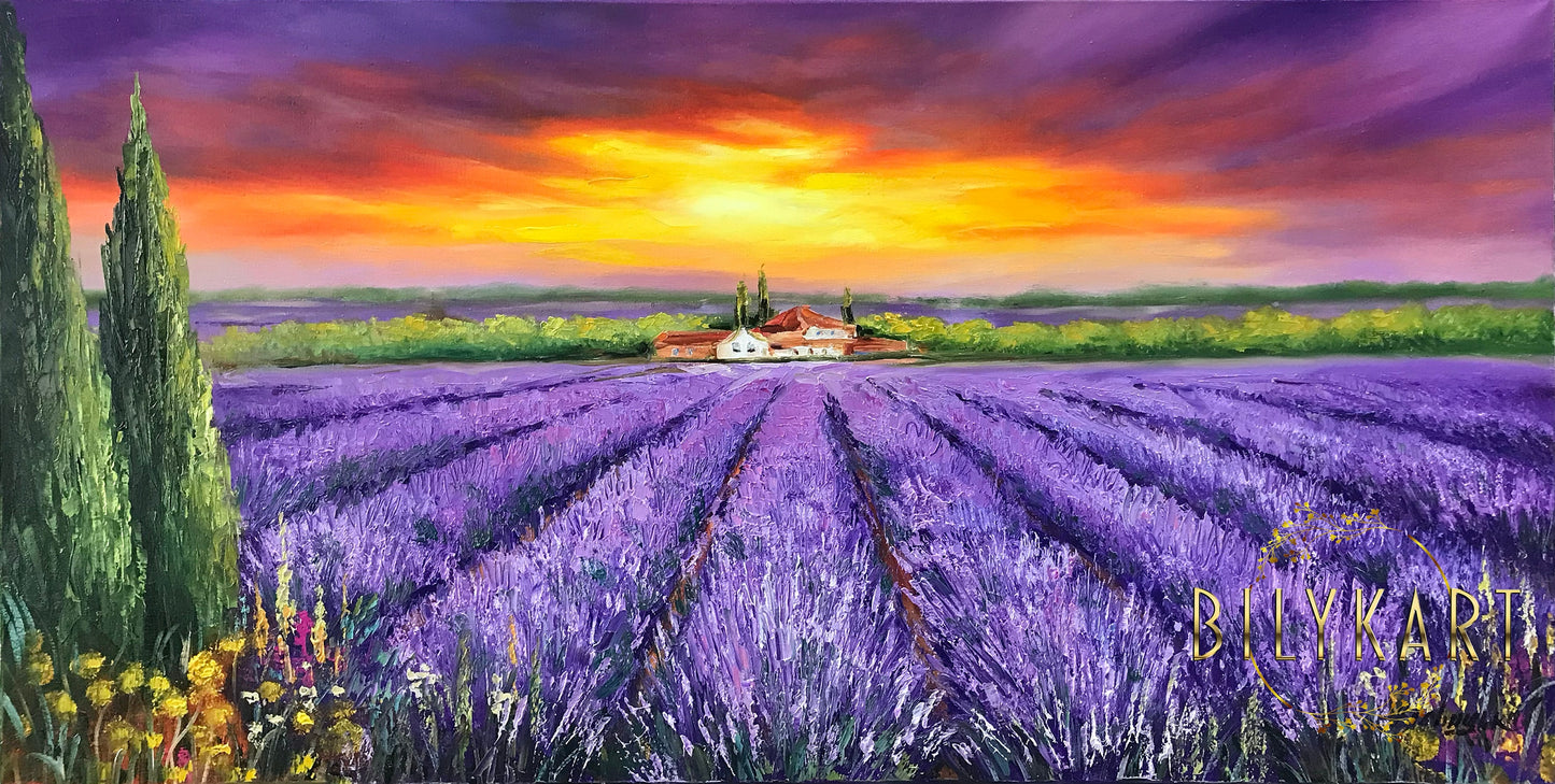 Lavender Field Landscape Oil Painting Original Tuscan Villa Framed Wall Art Sunset Landscape Painting Italy Artwork Tuscany Painting 18x36