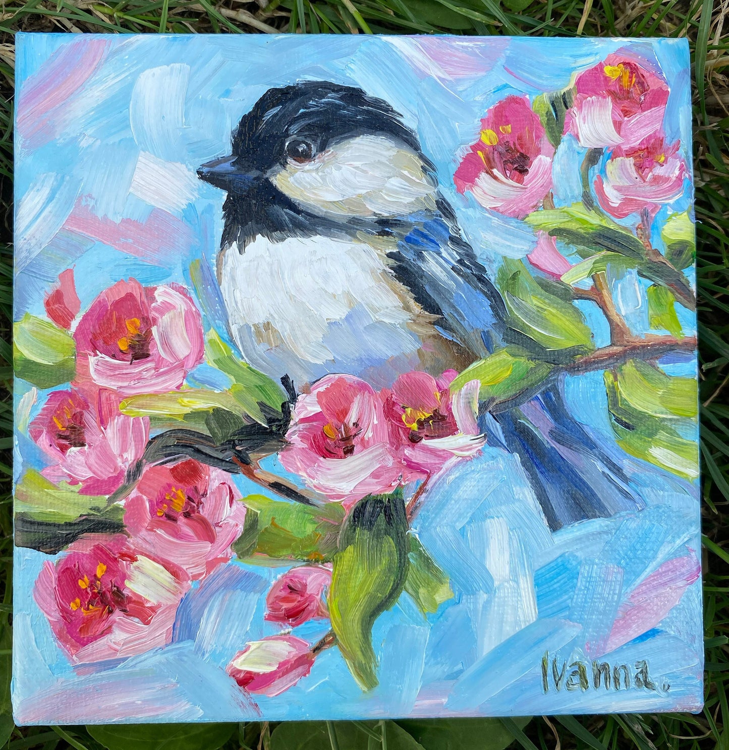 Chickadee Painting on Canvas Cute Bird Oil Painting Original Small Bird Wall Art Chickadee Art Bird on Branch Painting Gift for Bird Lovers