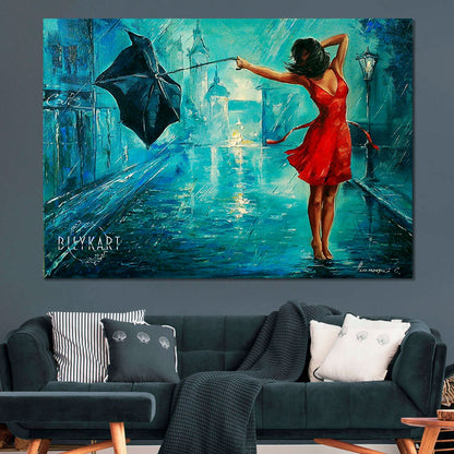 Girl with Umbrella Painting on Canvas Bansky Art Rainy Painting Rainy Day Wall Art Woman With Red Umbrella Oil Painting Original Artwork