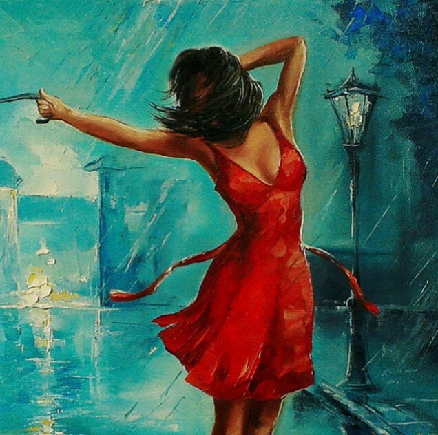 Girl with Umbrella Painting on Canvas Bansky Art Rainy Painting Rainy Day Wall Art Woman With Red Umbrella Oil Painting Original Artwork