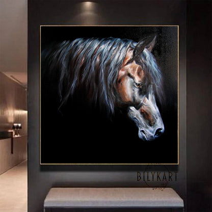 Horse Head Oil Painting Original Abstract Animal Decor Black Art Wild Animal Painting Gift for Horse Lover Black Horse Painting on Canvas