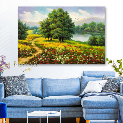 Landscape Nature Scenery Painting on Canvas Panoramic Landscape Oil Painting Original Wild Flower Field Painting Ukrainian Artwork