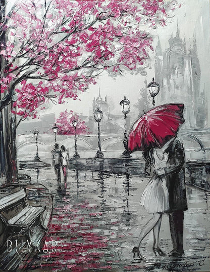 Couple Under Umbrella Painting on Canvas Romantic Art Parisian Wall Art Kiss Painting Pink Paris Oil Painting Original Lovers Art