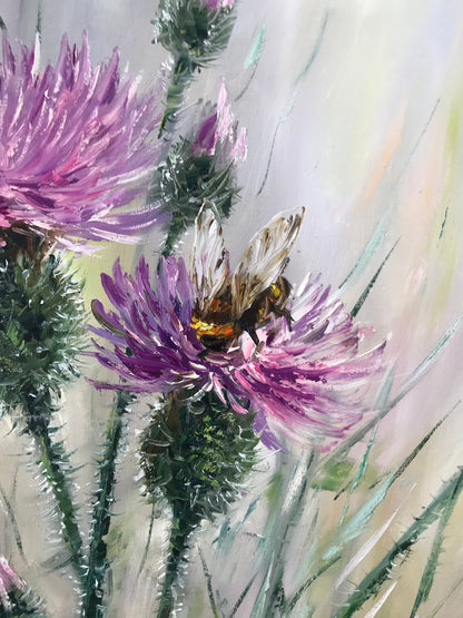 Scottish Thistle Painting Canvas Bumble Bee on Flower Oil Painting Original Milk Thistle Wall Art Honey Bee Pink Flower Paintings for Sale