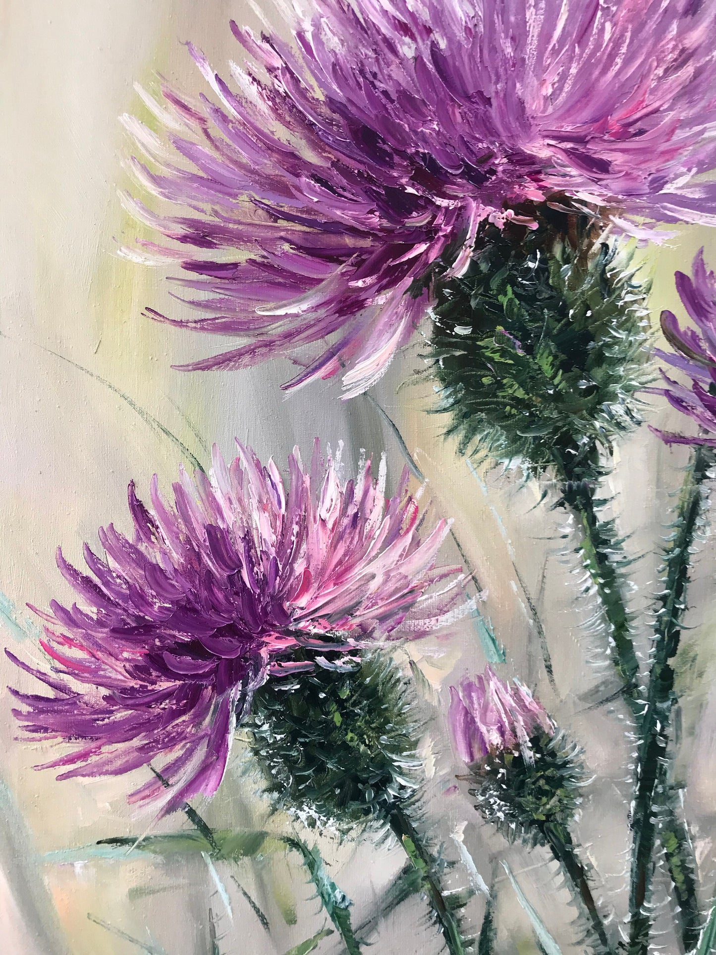 Scottish Thistle Painting Canvas Bumble Bee on Flower Oil Painting Original Milk Thistle Wall Art Honey Bee Pink Flower Paintings for Sale