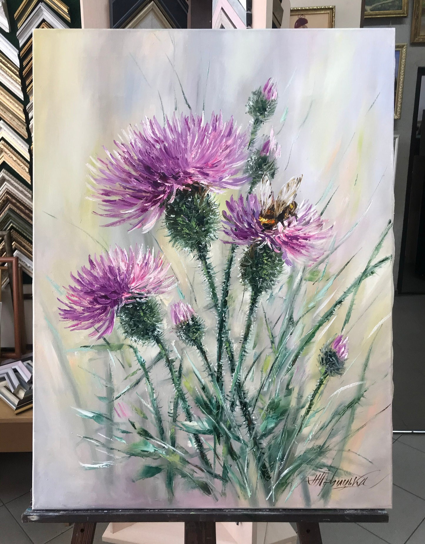 Scottish Thistle Painting Canvas Bumble Bee on Flower Oil Painting Original Milk Thistle Wall Art Honey Bee Pink Flower Paintings for Sale