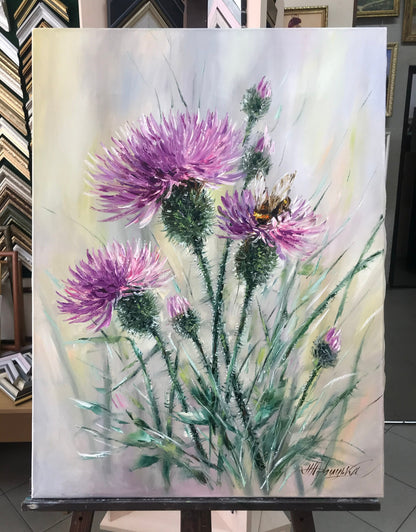 Scottish Thistle Painting Canvas Bumble Bee on Flower Oil Painting Original Milk Thistle Wall Art Honey Bee Pink Flower Paintings for Sale