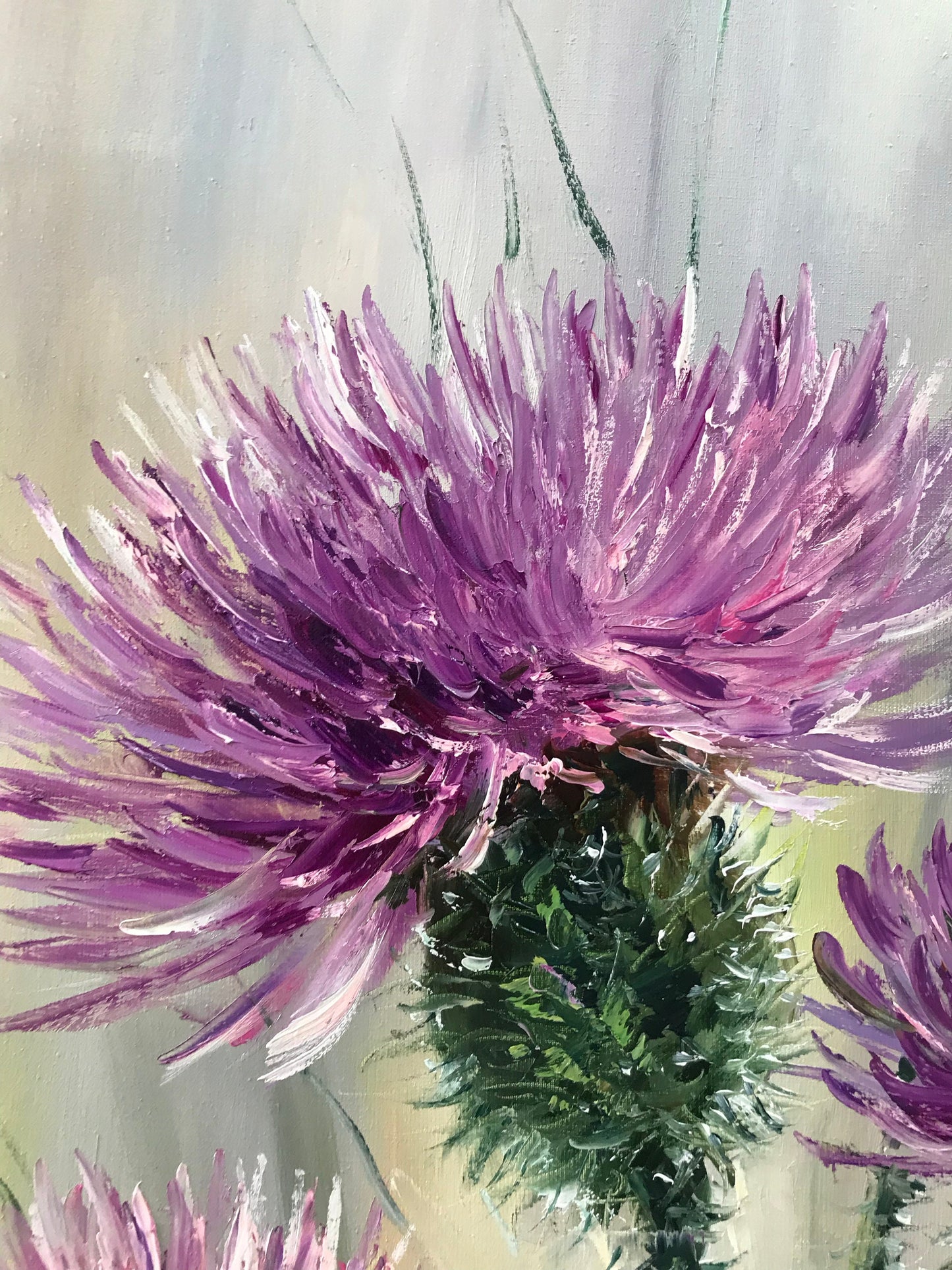 Scottish Thistle Painting Canvas Bumble Bee on Flower Oil Painting Original Milk Thistle Wall Art Honey Bee Pink Flower Paintings for Sale