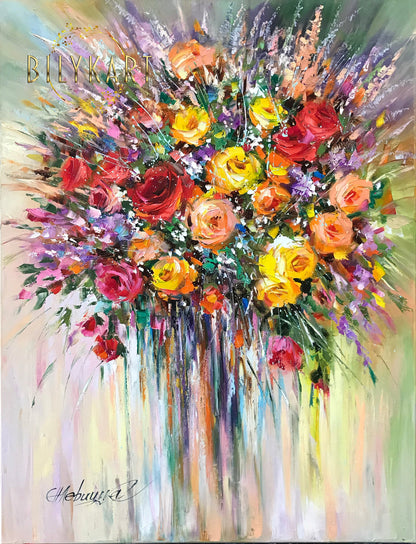 Colorful Abstract Flower Painting on Canvas Large Rose Oil Painting Original Bright Floral Art Extra Large Vibrant Flower Painting Abstract