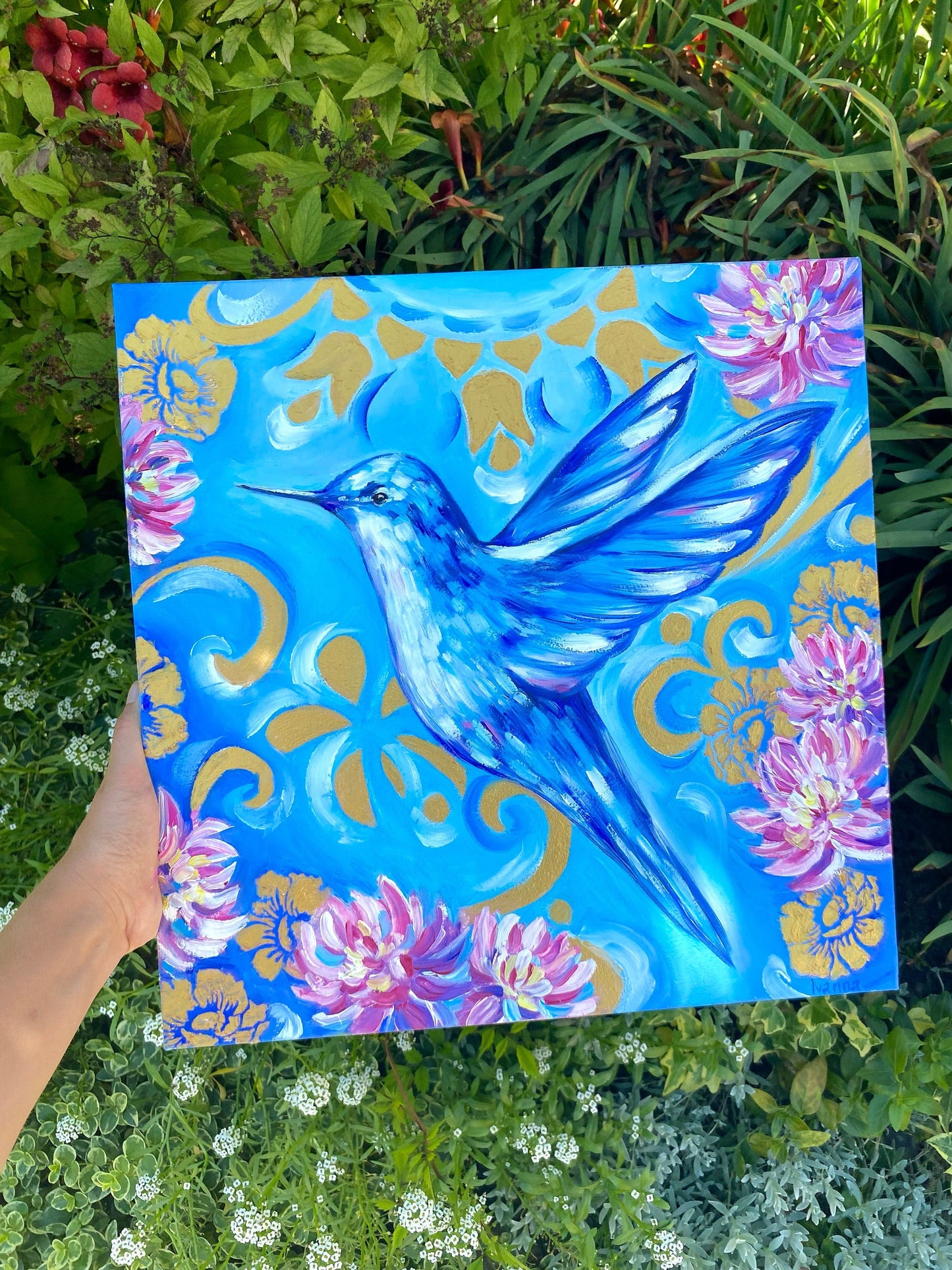 Bird Painting Original Blue Bird Oil Painting on Canvas Small Bird Wall Art Humming Bird Art Hummingbird Original Painting Bird Lover Gift