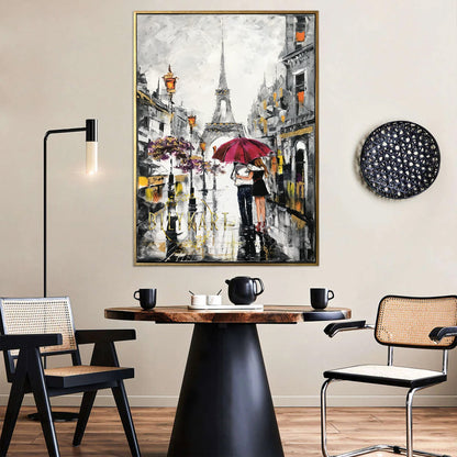 Couple Walking in Rain with Umbrella Painting Paris Street Oil Painting Eiffel Tower Art Work Parisian Wall Art Rainy Day in Paris Artwork