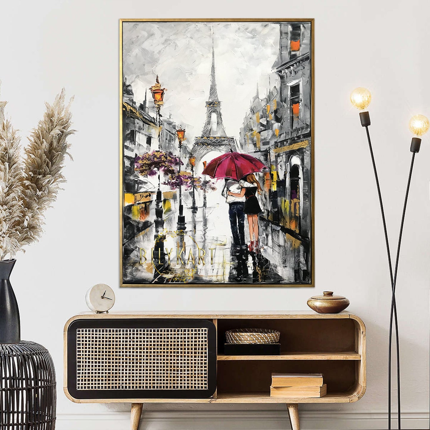 Couple Walking in Rain with Umbrella Painting Paris Street Oil Painting Eiffel Tower Art Work Parisian Wall Art Rainy Day in Paris Artwork