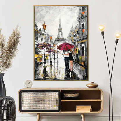 Couple Walking in Rain with Umbrella Painting Paris Street Oil Painting Eiffel Tower Art Work Parisian Wall Art Rainy Day in Paris Artwork