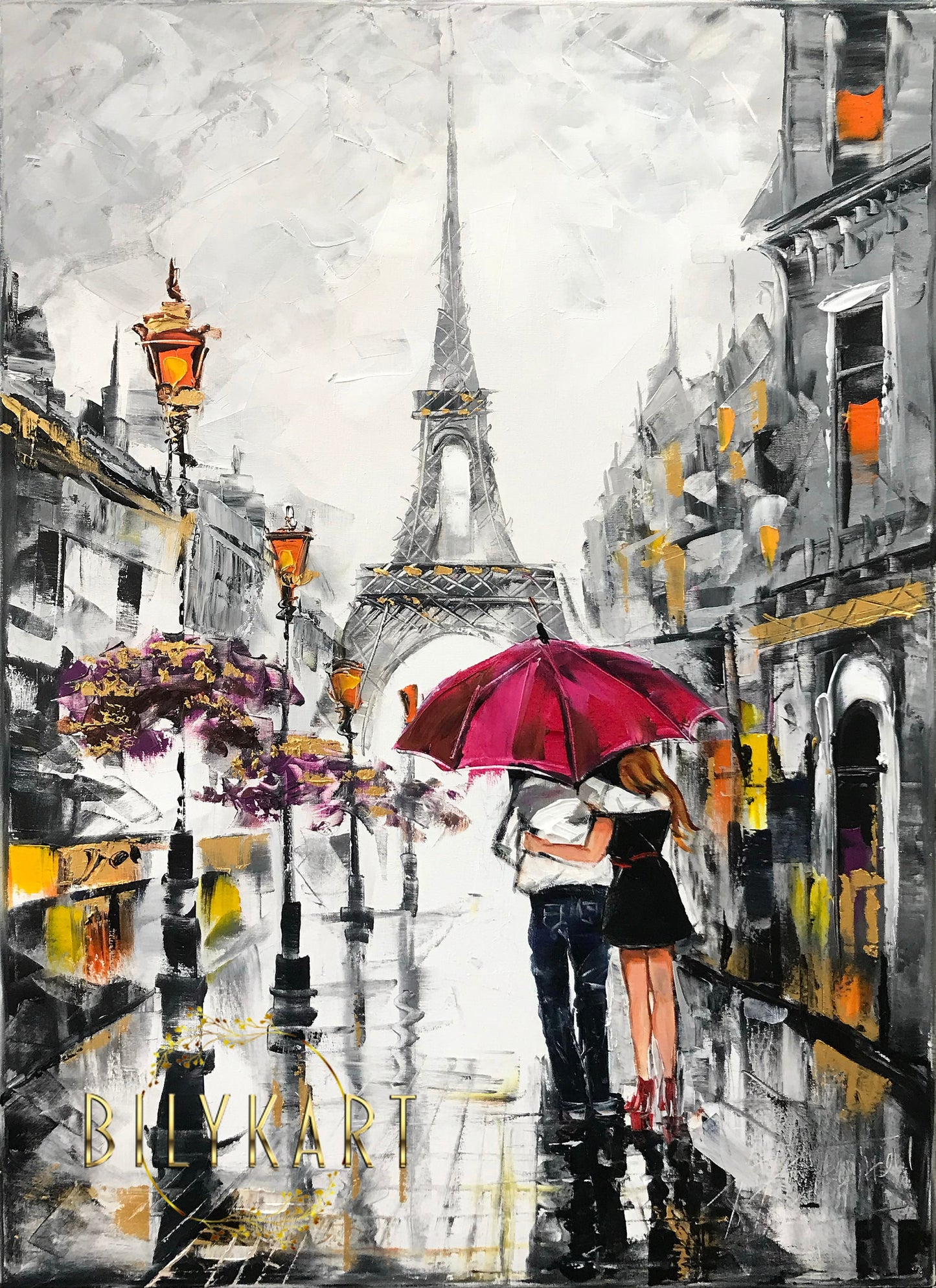 Couple Walking in Rain with Umbrella Painting Paris Street Oil Painting Eiffel Tower Art Work Parisian Wall Art Rainy Day in Paris Artwork