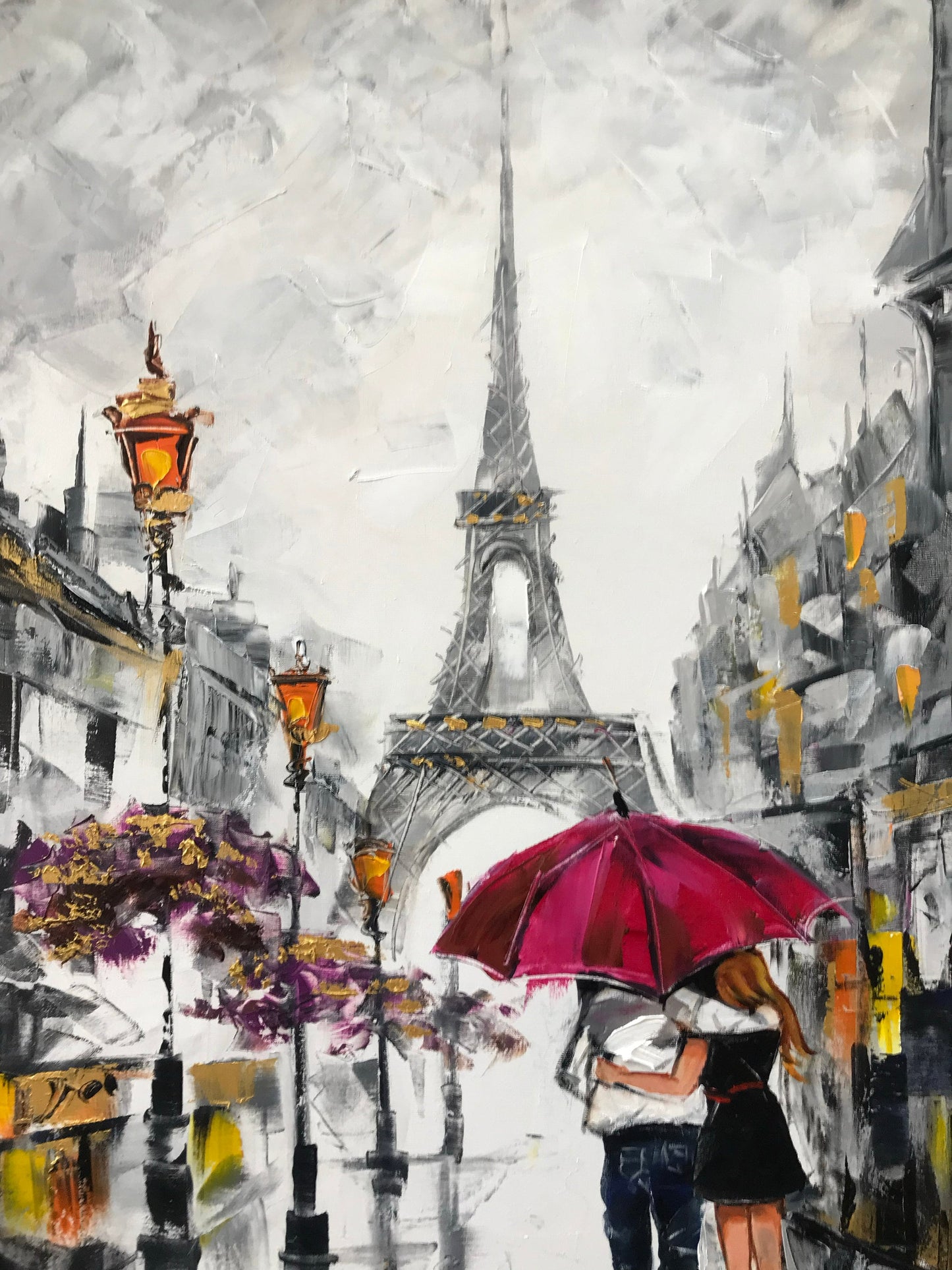 Couple Walking in Rain with Umbrella Painting Paris Street Oil Painting Eiffel Tower Art Work Parisian Wall Art Rainy Day in Paris Artwork