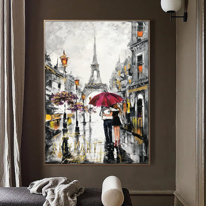 Couple Walking in Rain with Umbrella Painting Paris Street Oil Painting Eiffel Tower Art Work Parisian Wall Art Rainy Day in Paris Artwork