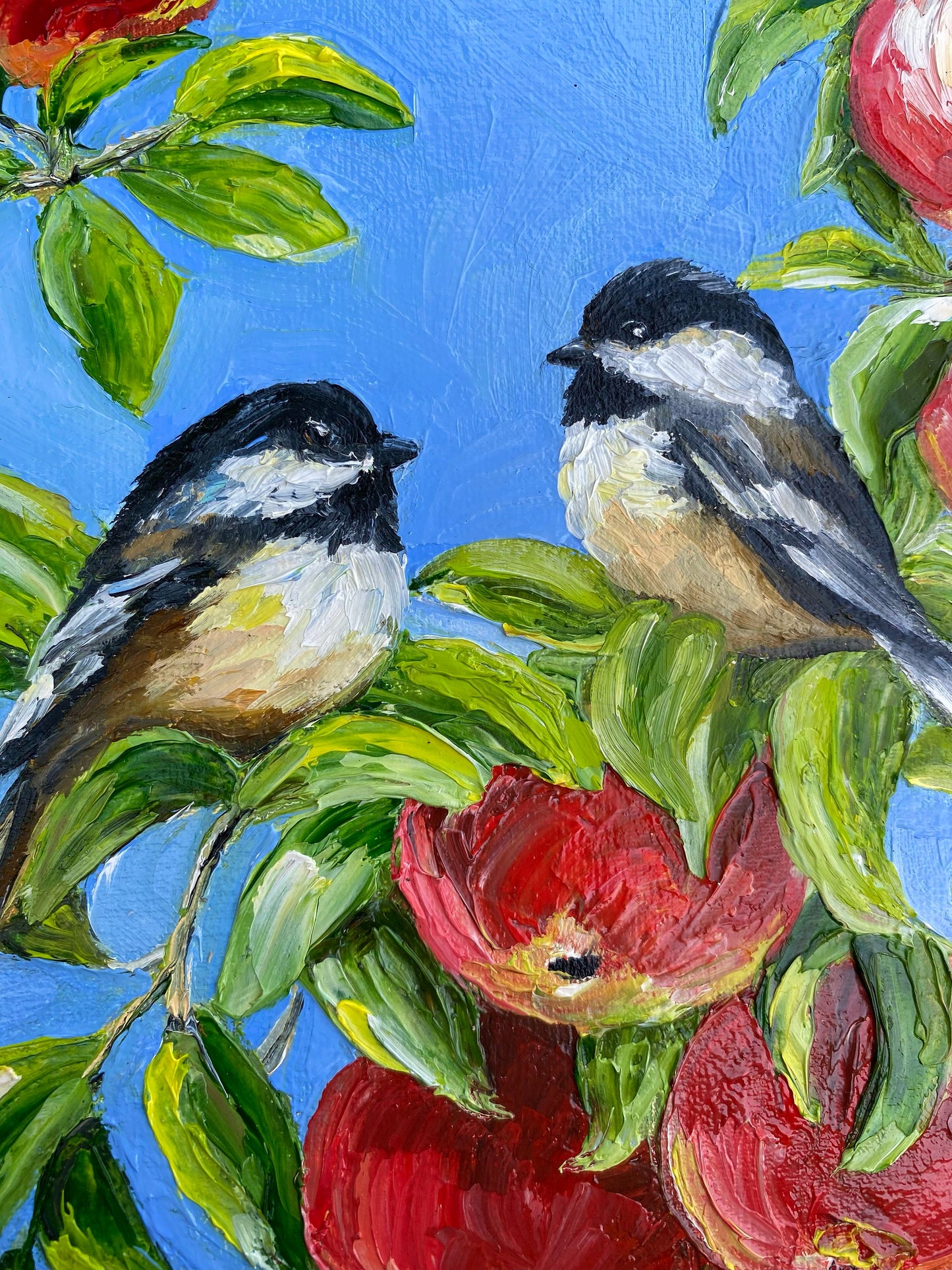 Love Birds Painting on Canvas Pair Bird Wall Art Two Chickadees on Branch Painting Original Birds Sitting on Apple Tree Small Oil Painting