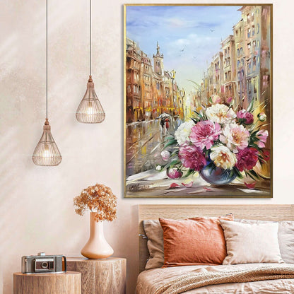 Prague Painting on Canvas Prague Wall Art Peonies Painting Original Art Flowers on Window Painting European Art Peony Painting Peony Artwork