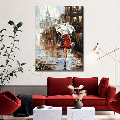 Abstract Girl with Umbrella in Rain Painting Wet City Street Oil Painting Original Woman Holding Umbrella Painting Large Abstract Rain Art