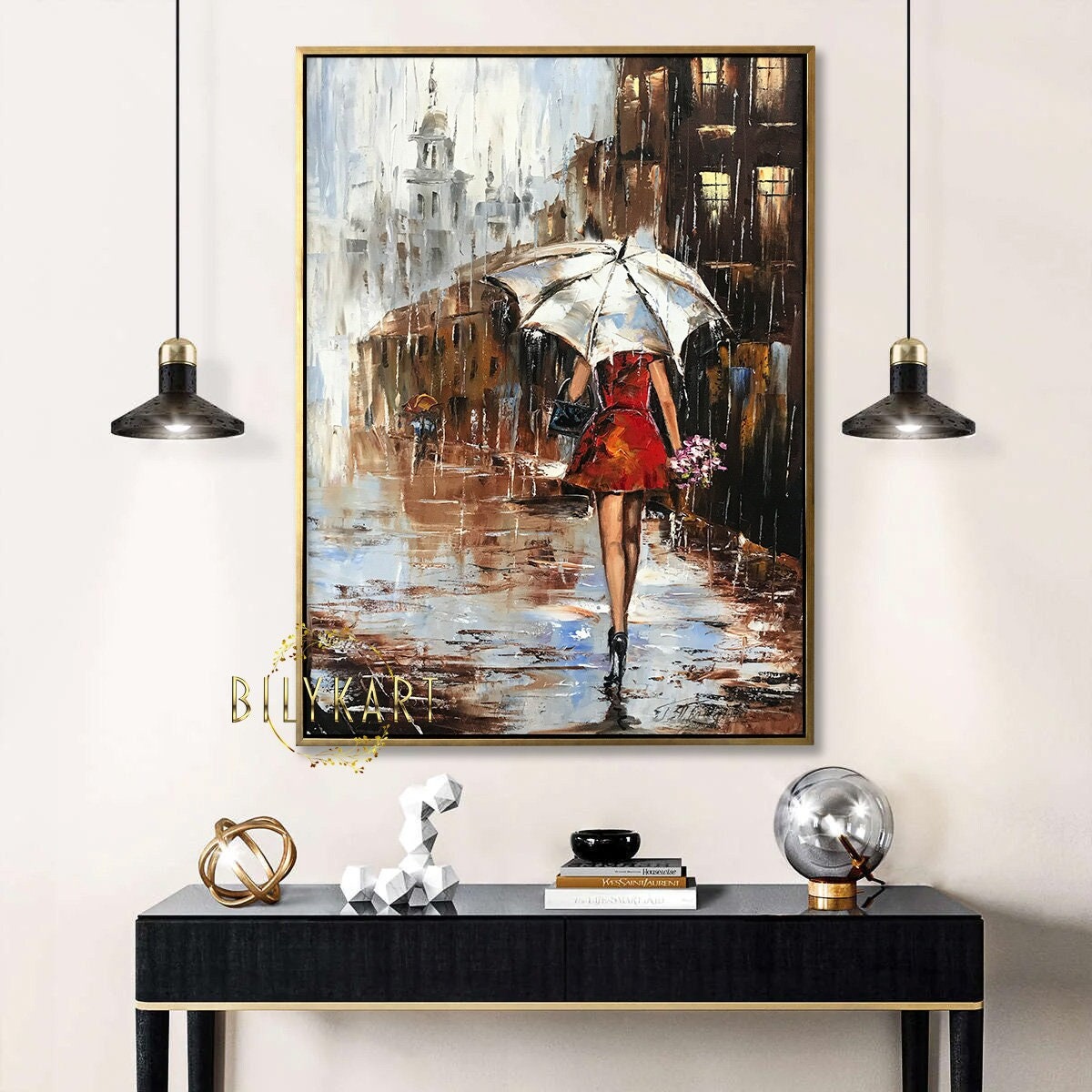 Abstract Girl with Umbrella in Rain Painting Wet City Street Oil Painting Original Woman Holding Umbrella Painting Large Abstract Rain Art