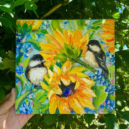 Love Birds Painting on Canvas Pair Bird Wall Art Two Chickadees on Branch Painting Original Birds Sitting on Apple Tree Small Oil Painting