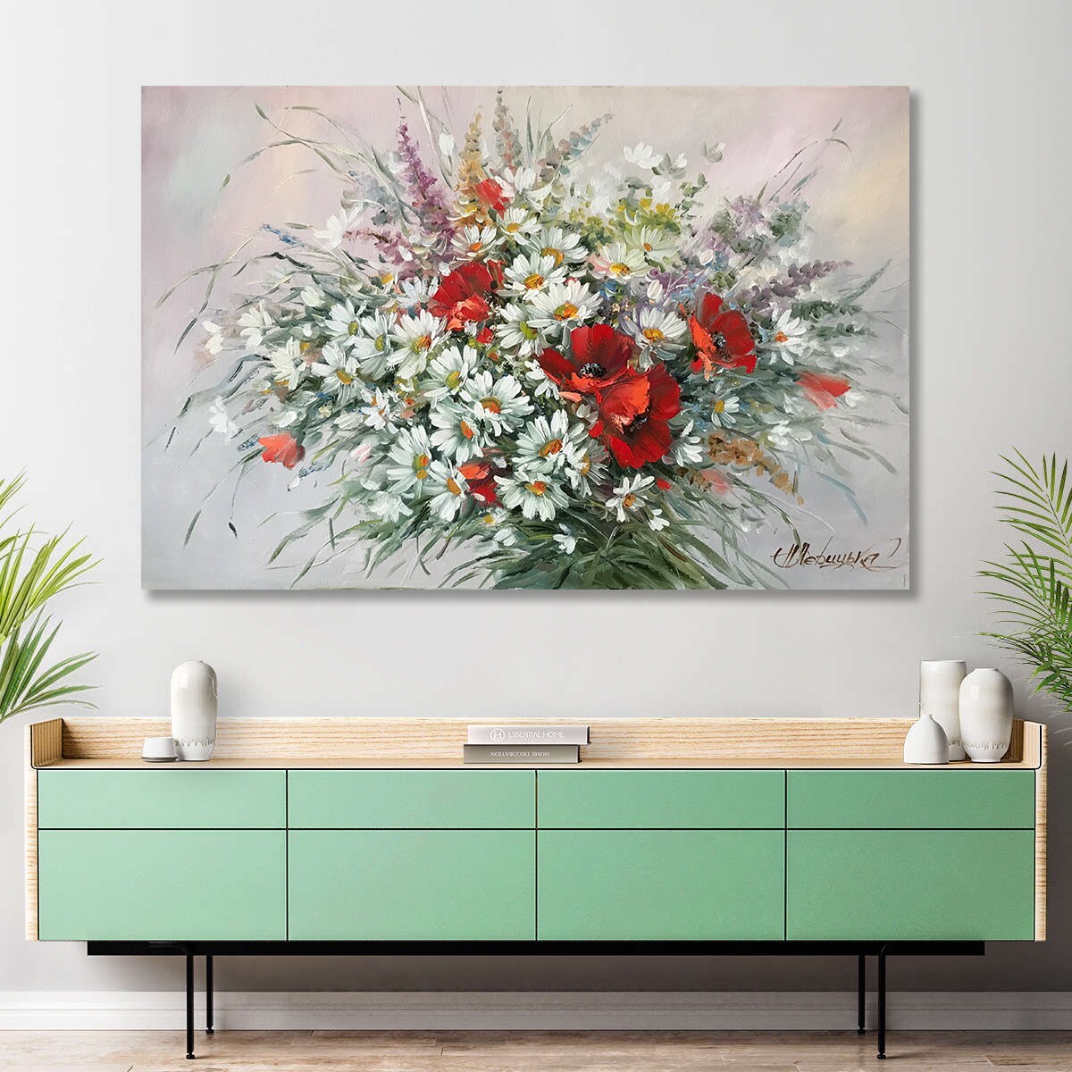 Wildflower Bouquet Painting Original Daisy Painting Poppy Artwork Wildflowers 30x40 Oil Painting Handmade Multimedia Wildflower Wall Art