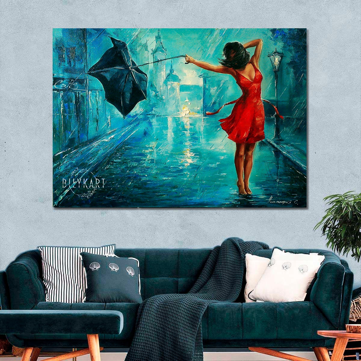 Girl with Umbrella Painting on Canvas Bansky Art Rainy Painting Rainy Day Wall Art Woman With Red Umbrella Oil Painting Original Artwork