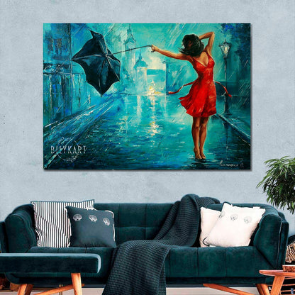 Girl with Umbrella Painting on Canvas Bansky Art Rainy Painting Rainy Day Wall Art Woman With Red Umbrella Oil Painting Original Artwork