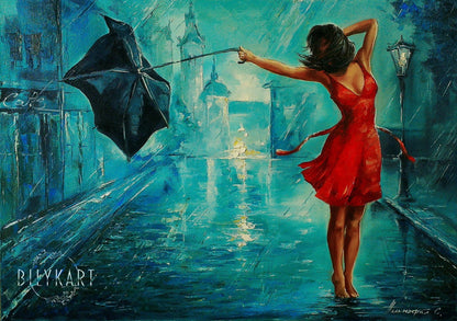 Girl with Umbrella Painting on Canvas Bansky Art Rainy Painting Rainy Day Wall Art Woman With Red Umbrella Oil Painting Original Artwork