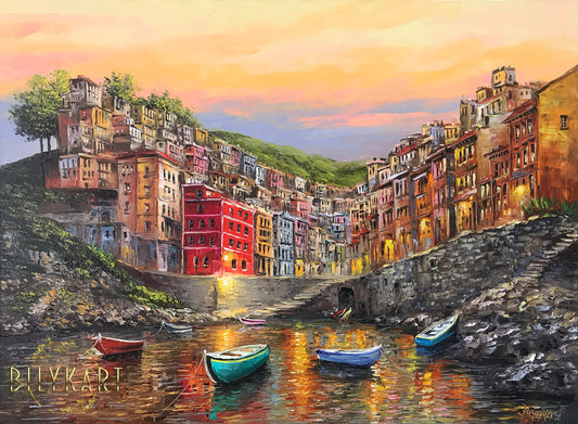 Riomaggiore Painting on Canvas Cinque Terre Italy Wall Art Italian Riviera Painting Fishing Village Artwork Italian Coastal Town Painting