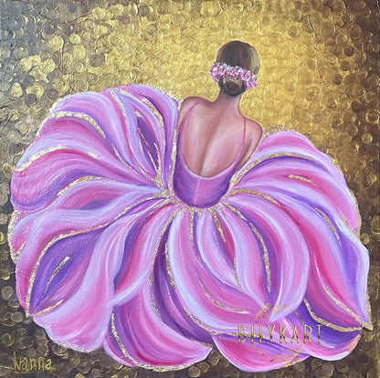 Pink Ballerina Oil Painting Original Pink and Gold Ballerina Wall Art Modern Dress Painting Girly Art Sitting Ballerina Painting on Canvas