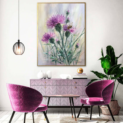 Scottish Thistle Painting Canvas Bumble Bee on Flower Oil Painting Original Milk Thistle Wall Art Honey Bee Pink Flower Paintings for Sale