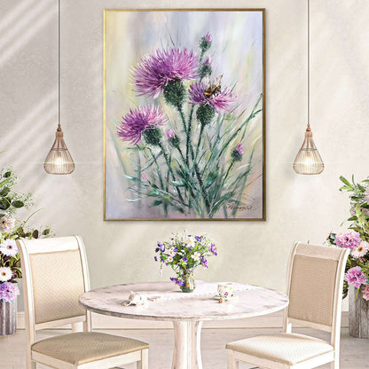 Scottish Thistle Painting Canvas Bumble Bee on Flower Oil Painting Original Milk Thistle Wall Art Honey Bee Pink Flower Paintings for Sale