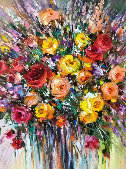 Colorful Abstract Flower Painting on Canvas Large Rose Oil Painting Original Bright Floral Art Extra Large Vibrant Flower Painting Abstract