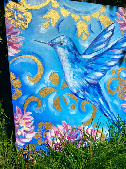 Bird Painting Original Blue Bird Oil Painting on Canvas Small Bird Wall Art Humming Bird Art Hummingbird Original Painting Bird Lover Gift