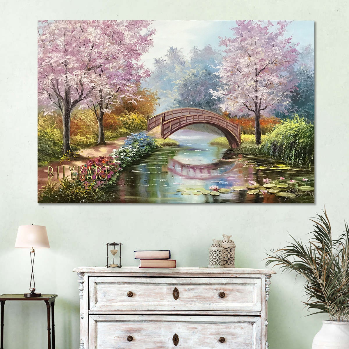 Claude Monet Bridge Over a Pond of Water Lilies Painting on Canvas, Japanese Water Lily Oil Painting Original Cherry Blossom Art