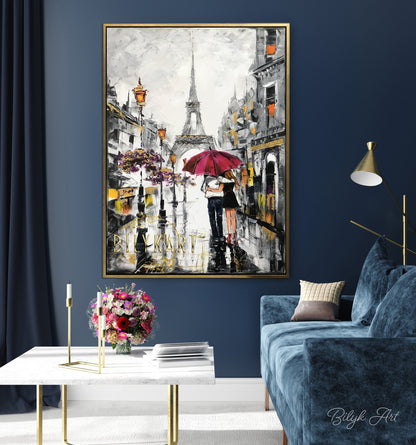 Couple Walking in Rain with Umbrella Painting Paris Street Oil Painting Eiffel Tower Art Work Parisian Wall Art Rainy Day in Paris Artwork