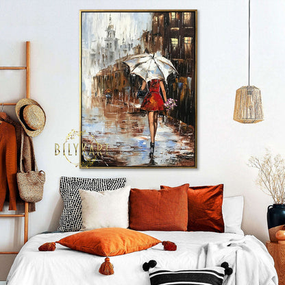 Abstract Girl with Umbrella in Rain Painting Wet City Street Oil Painting Original Woman Holding Umbrella Painting Large Abstract Rain Art