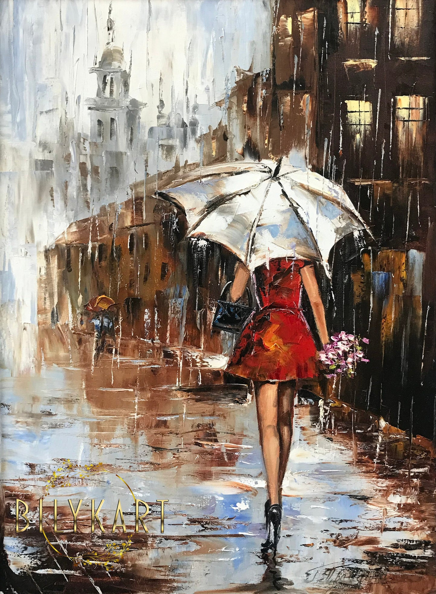 Abstract Girl with Umbrella in Rain Painting Wet City Street Oil Painting Original Woman Holding Umbrella Painting Large Abstract Rain Art